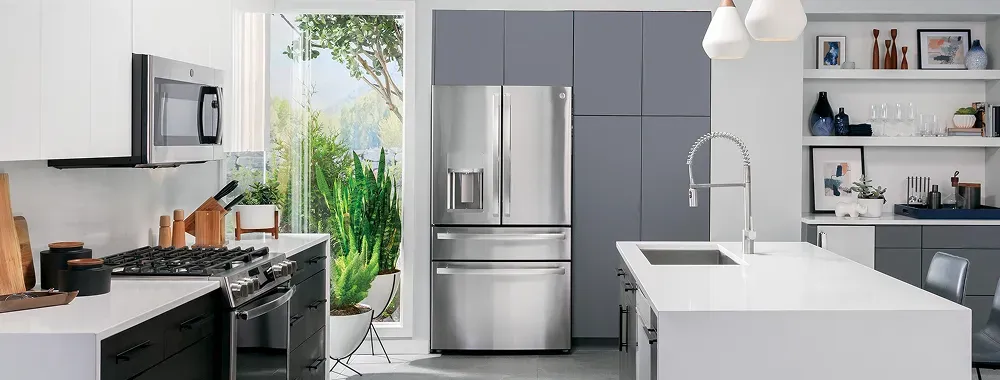 GE Profile Smart French Door Refrigerator in an open concept kitchen